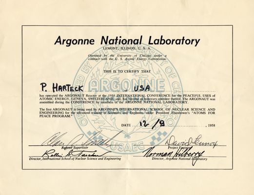 Argonne National Laboratory Atomic Reactor Certficate
