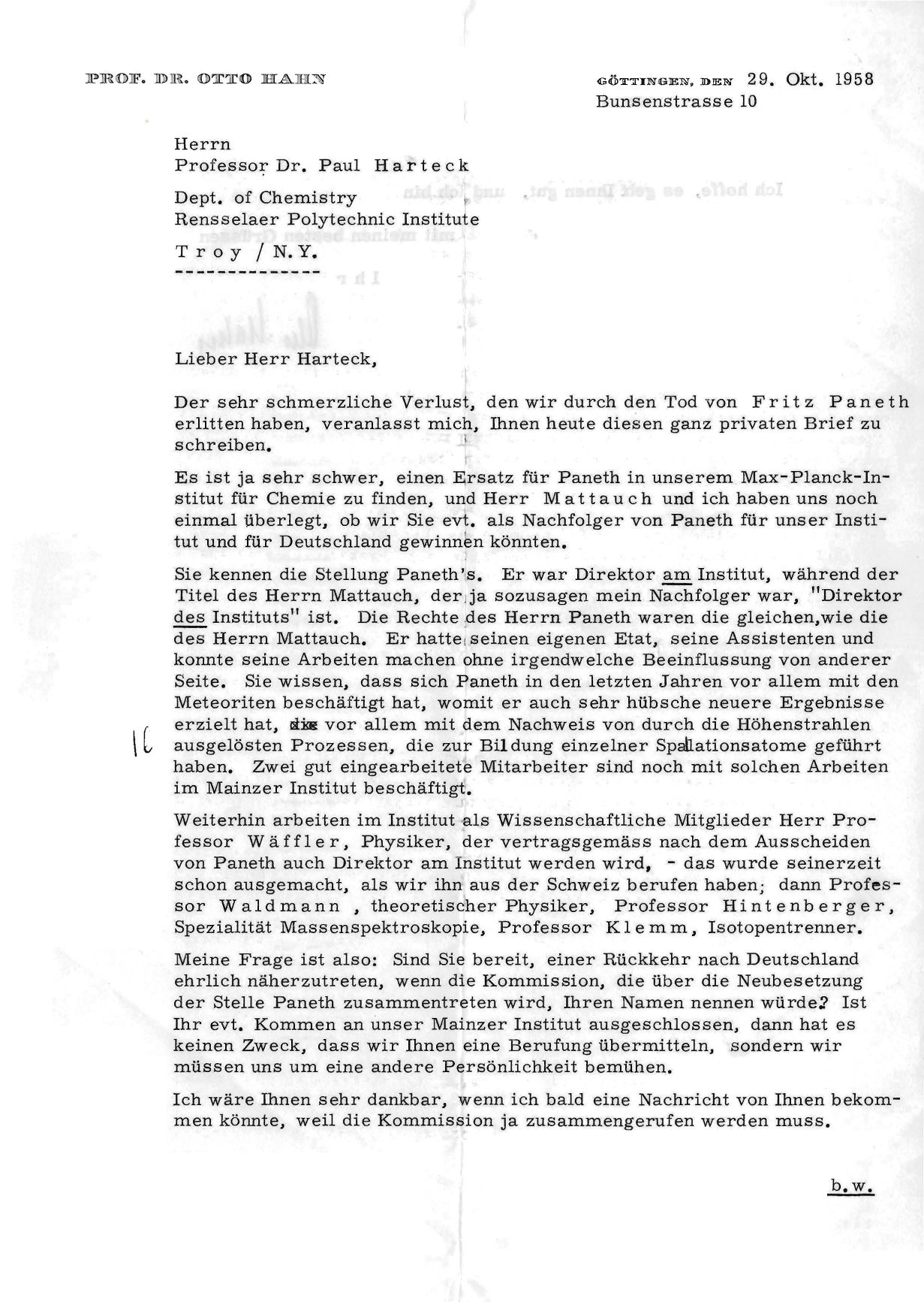 Letter to Paul Harteck from Dr. Otto Hahn Regarding a Job Position in Germany