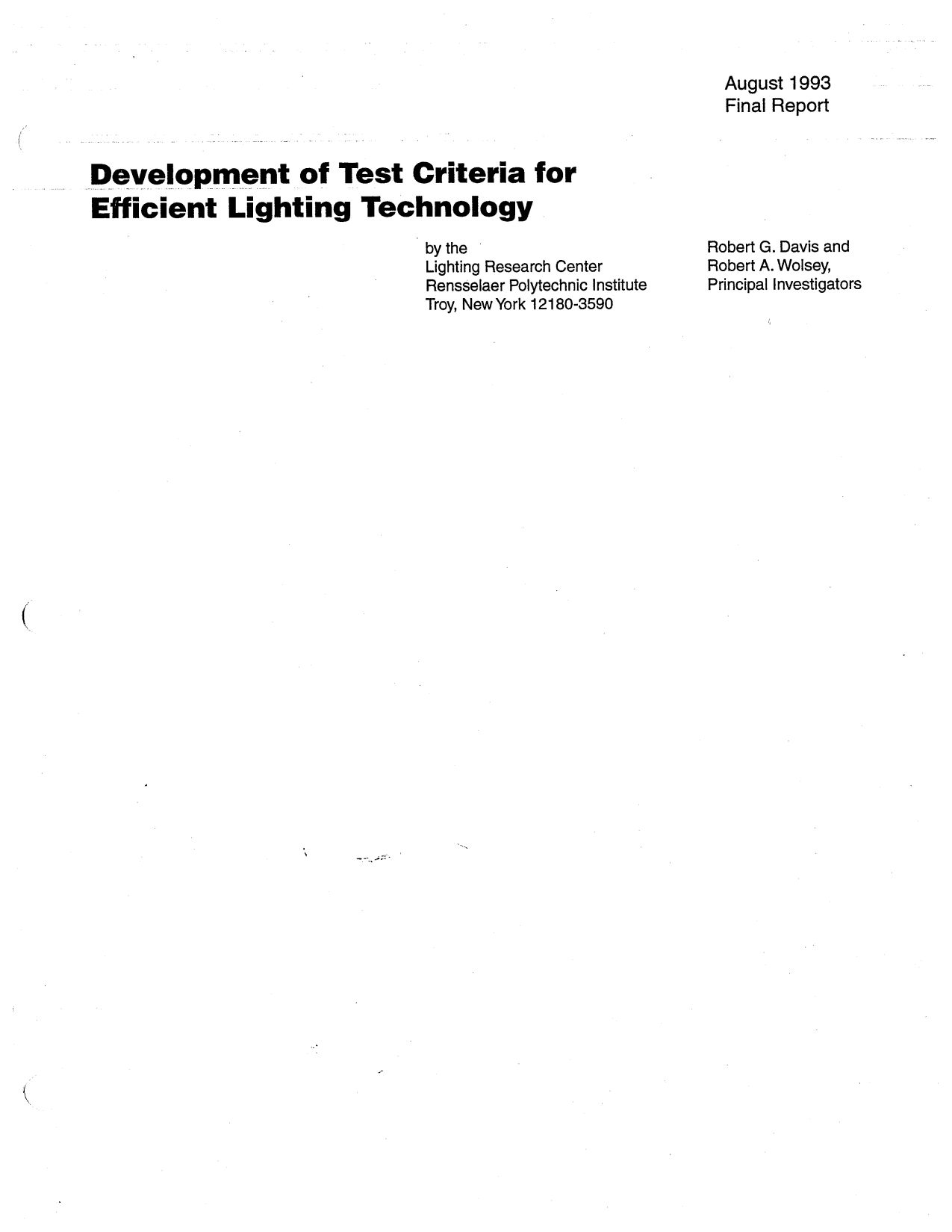 LRC Report: Development of Test Criteria for Efficient Lighting Technology