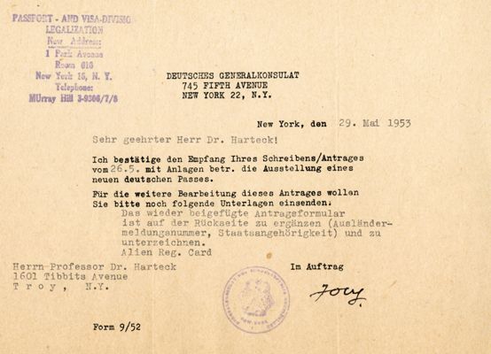 Letter from the US German Consulate Regarding Harteck's New German Passport